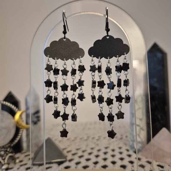 Black Obsidian Starry Night Gemstone Cloud Earrings - Picture 2 of 7